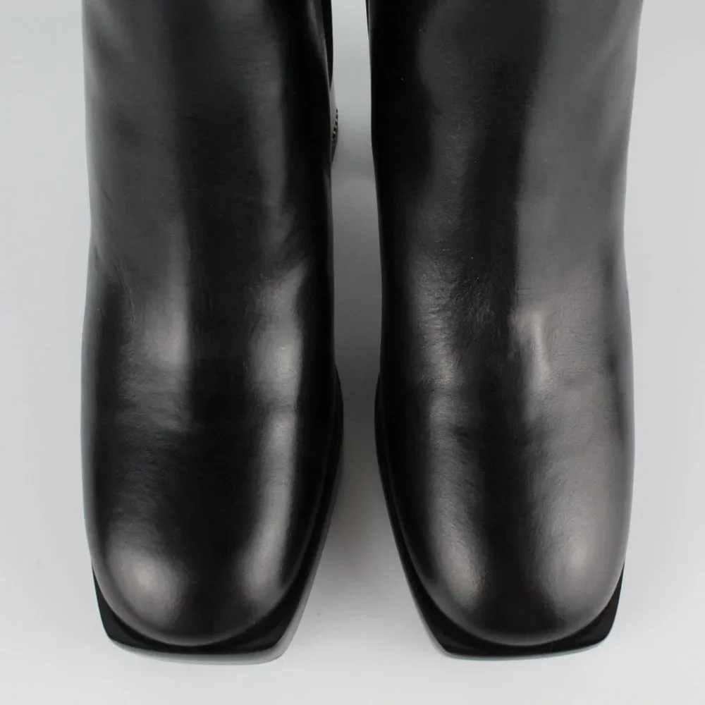 New TORY BURCH Ruby High Block Heel Chain Leather Booties, Black, US 8.5